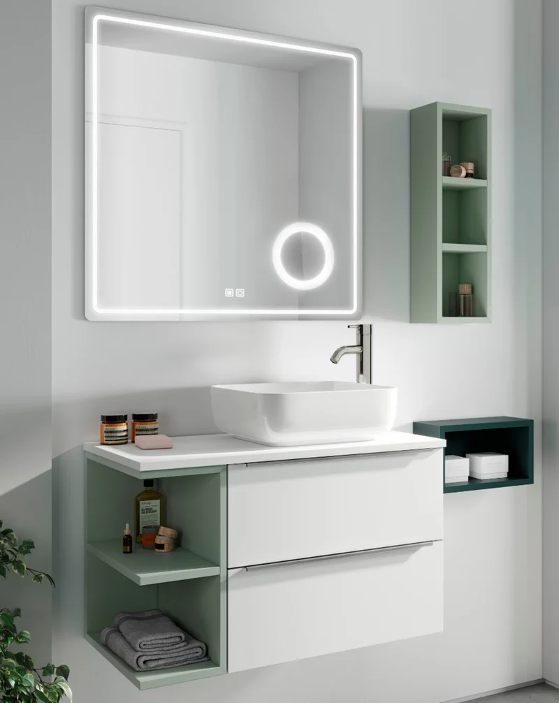 Landes 03 Mueble de Baño Modular Suspendido con Tapa y Lavabo Sobre Encimera | 2 Cajones y Estante Abierto | Personalizable
