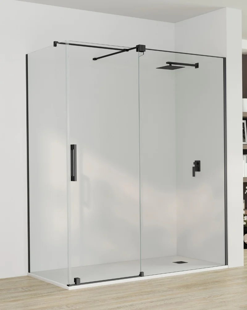 Roma Mampara de Ducha Rectangular Frontal Corredera | 1 Puerta y Lateral Fijo | Vidrio Antical 8mm Altura 195cm | Negro Mate