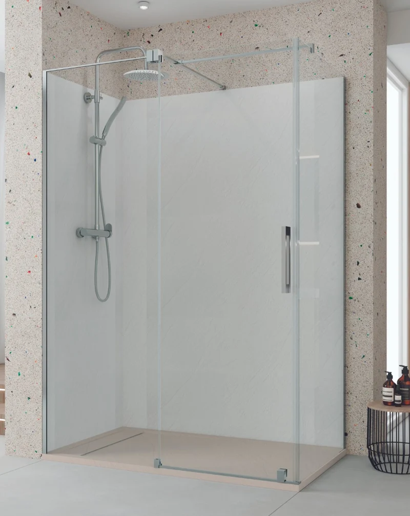 Roma Mampara de Ducha Rectangular Frontal Corredera | 1 Puerta y Lateral Fijo | Vidrio Antical 8mm Altura 195cm | Cromo Brillo