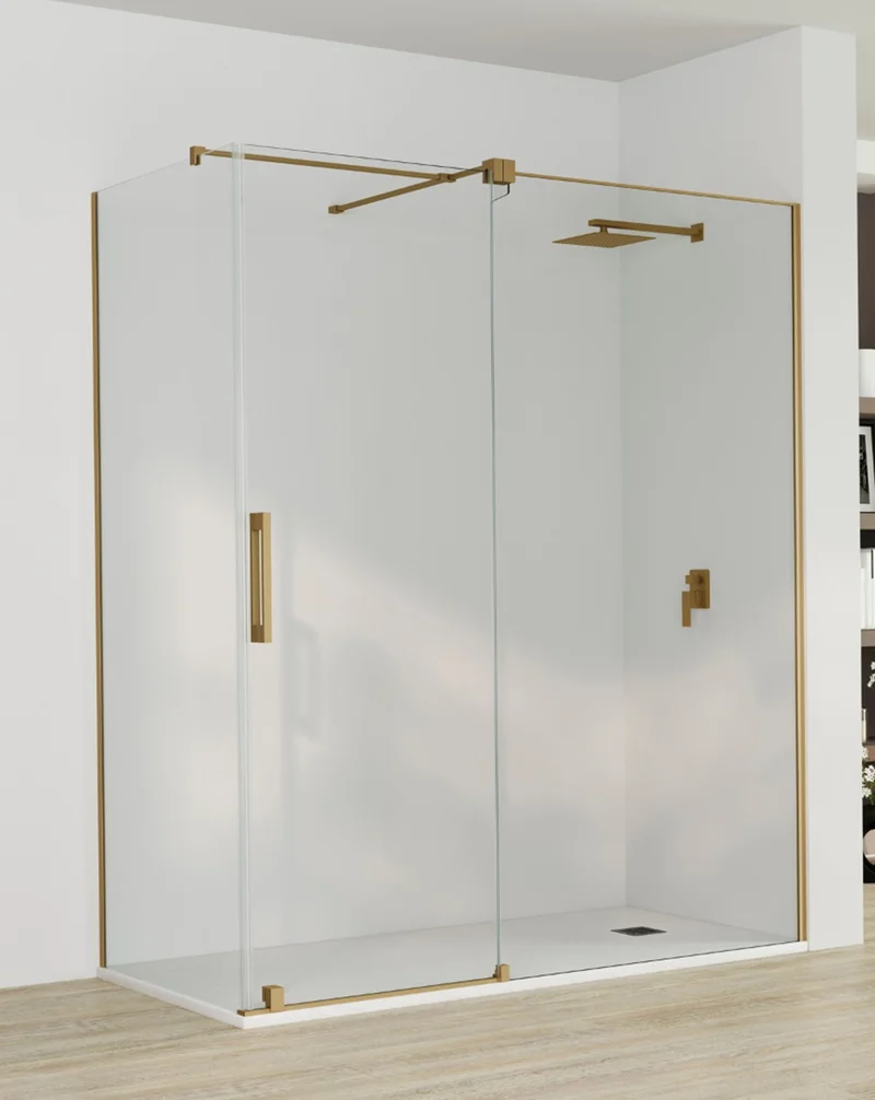 Roma Mampara de Ducha Rectangular Frontal Corredera | 1 Puerta y Lateral Fijo | Vidrio Antical 8mm Altura 195cm | Oro