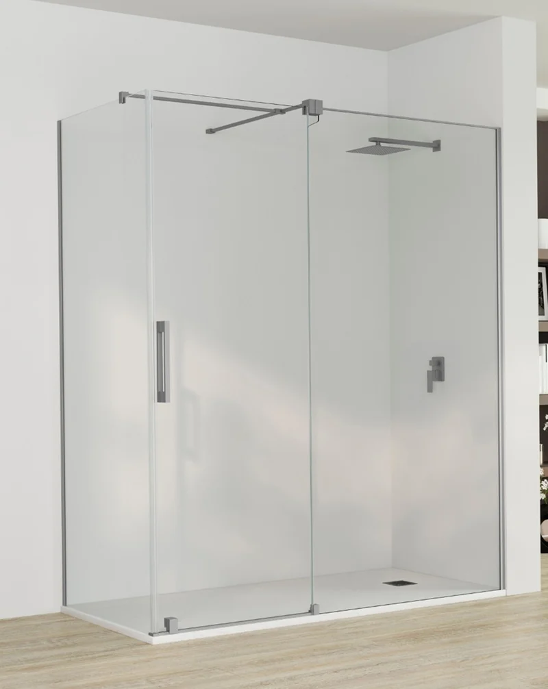 Roma Mampara de Ducha Rectangular Frontal Corredera | 1 Puerta y Lateral Fijo | Vidrio Antical 8mm Altura 195cm | Titanio