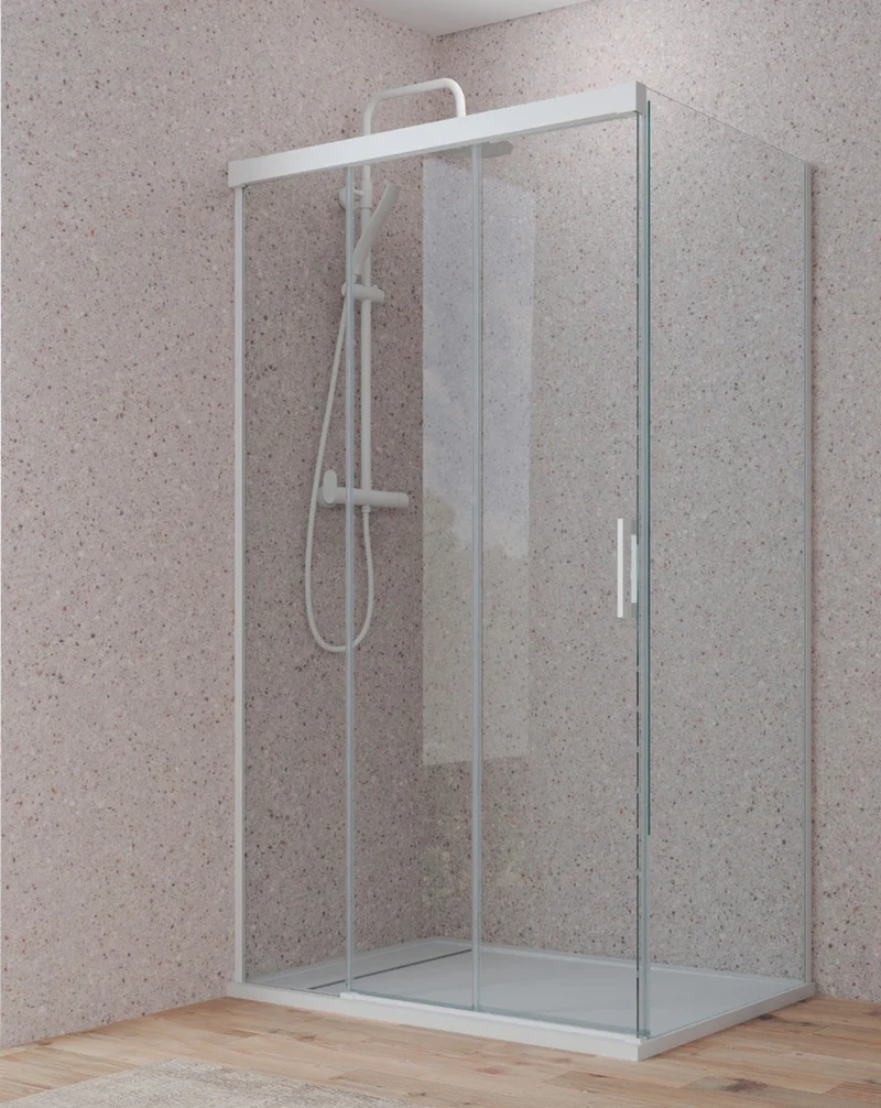 Trebol Mampara de Ducha Rectangular Frontal Corredera | 3 Hojas y Lateral Fijo | Vidrio Antical 6mm Altura 195cm | Blanco Mate