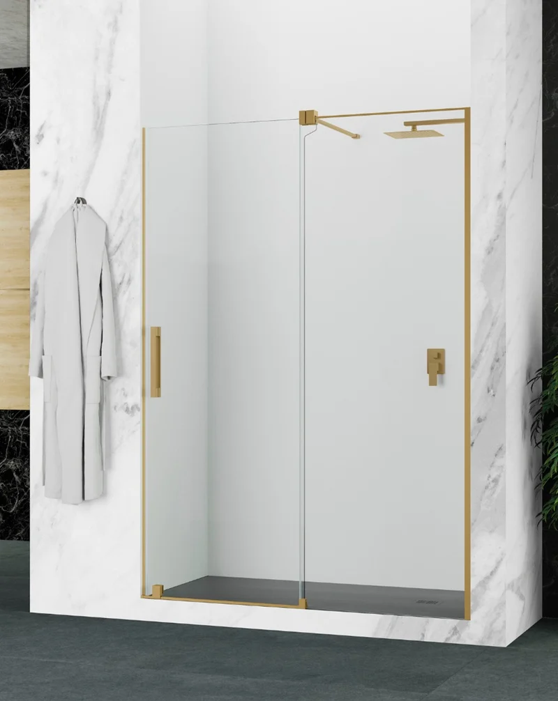 Roma Mampara de Ducha Frontal 1 Puerta 1 Fijo Corredera | Vidrio Templado de 8mm Antical Altura 195cm | Reversible | Oro