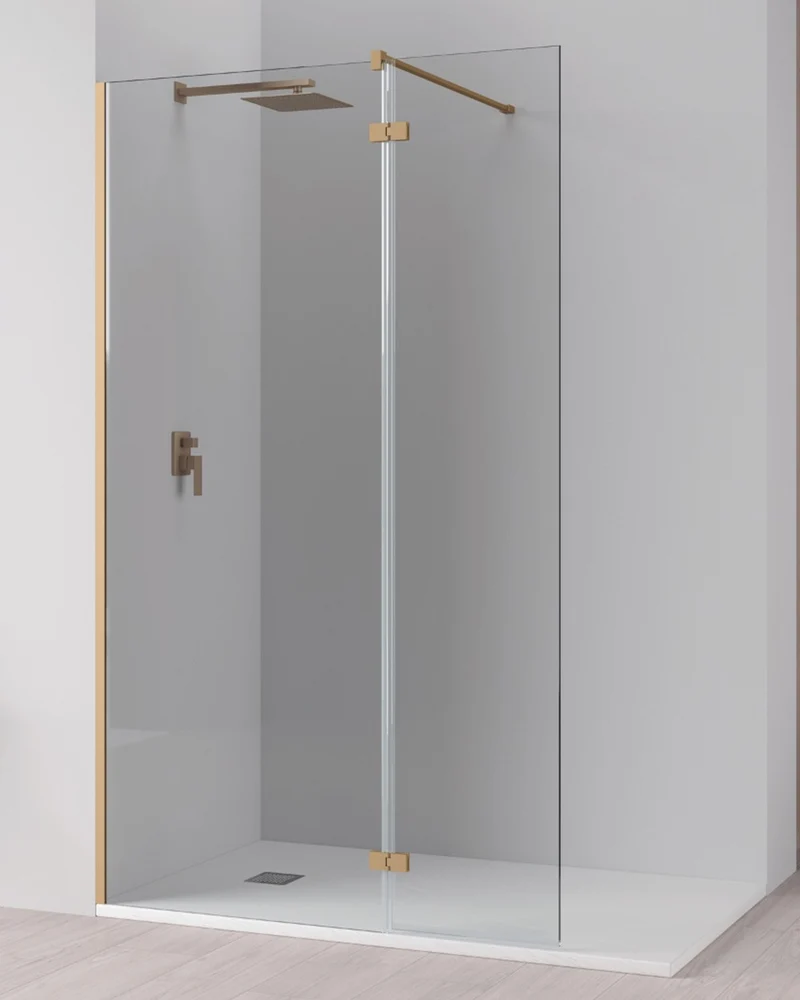 Manacor Mampara de Ducha Fijo de Ducha + 1 Puerta Abatible | Cristal Templado 6mm Antical | 195cm Altura | Oro