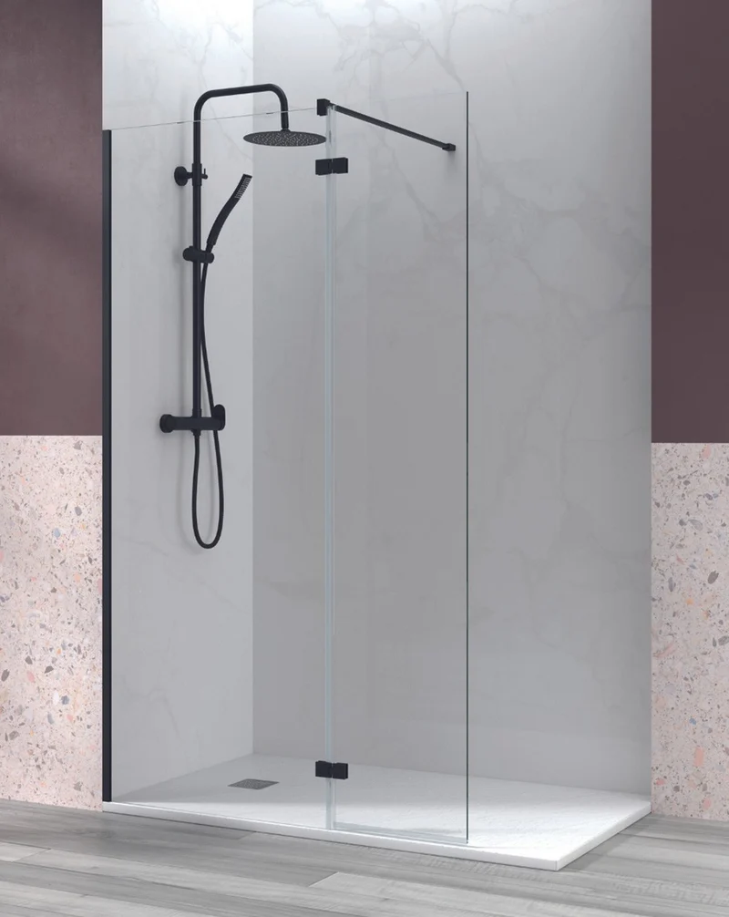 Manacor Mampara de Ducha Fijo de Ducha + 1 Puerta Abatible | Cristal Templado 6mm Antical | 195cm Altura | Negro Mate