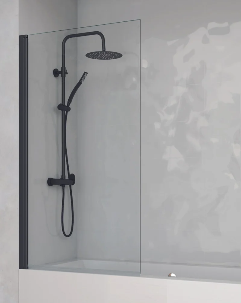 Denia Mampara Bañera Puerta Abatible | Vidrio Templado 6mm Antical 85x150cm | Rango de Movimiento 180º Reversible | Negro Mate