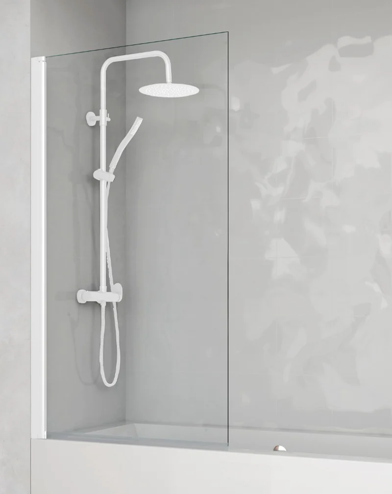Denia Mampara Bañera Puerta Abatible | Vidrio Templado 6mm Antical 85x150cm | Rango de Movimiento 180º Reversible | Blanco Mate