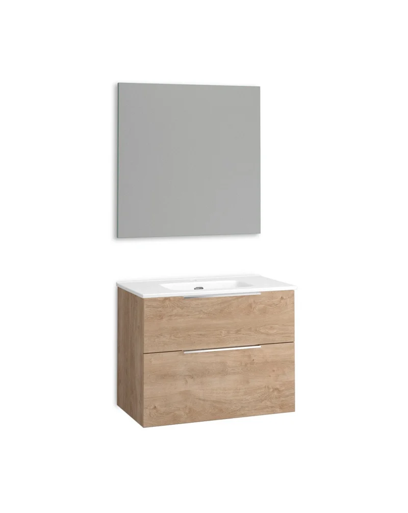 Galsaky Mueble de Baño Suspendido con Espejo y Lavabo Cerámico | 2 cajones con Cierre Amortiguado y Organizador | Roble Natural