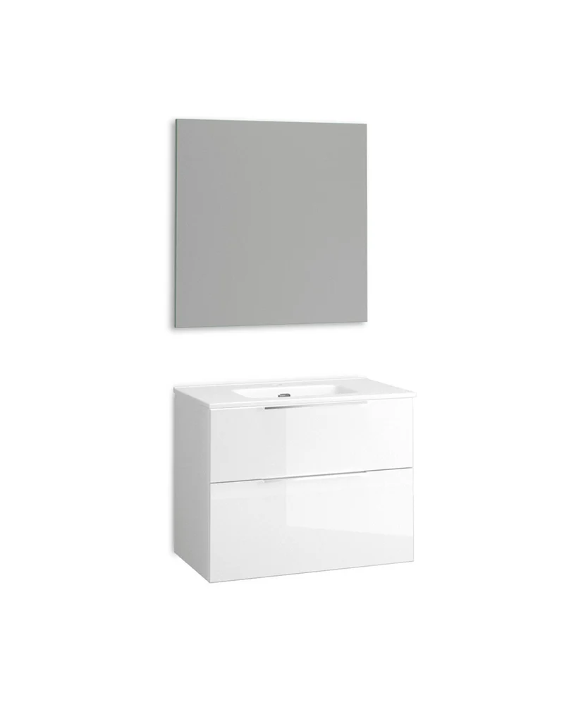 Galsaky Mueble de Baño Suspendido con Espejo y Lavabo Cerámico | 2 cajones con Cierre Amortiguado y Organizador | Blanco Brillo