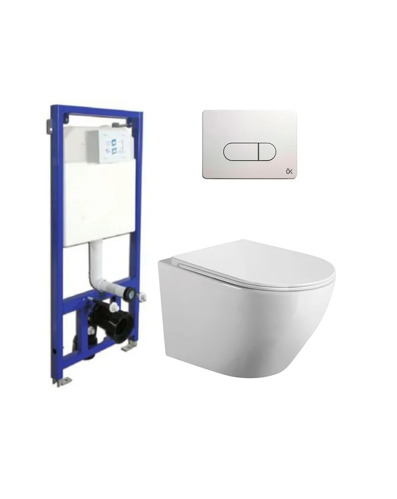 Mercurio Pack Suspendido | Blanco Brillo | Rimless con Cisterna Empotrada y Pulsador | Blanco