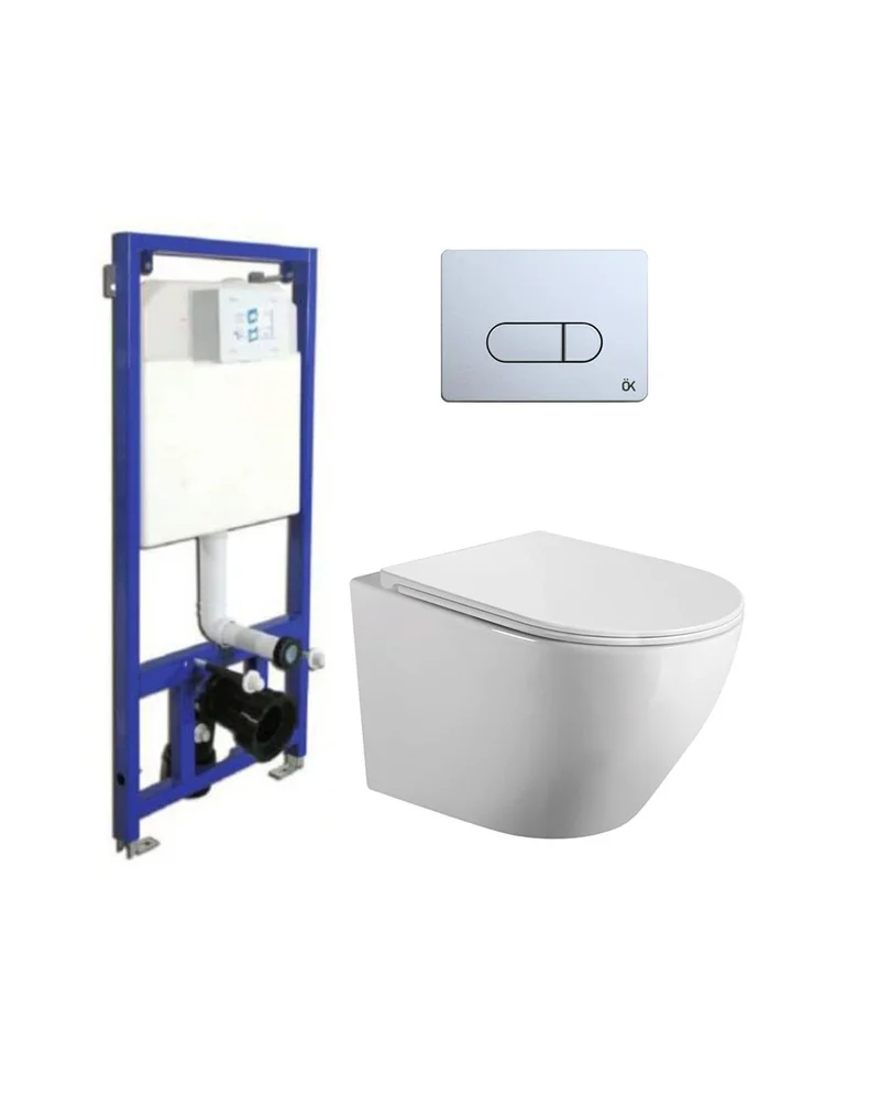 Mercurio Pack Suspendido | Blanco Brillo | Rimless con Cisterna Empotrada y Pulsador | Cromo
