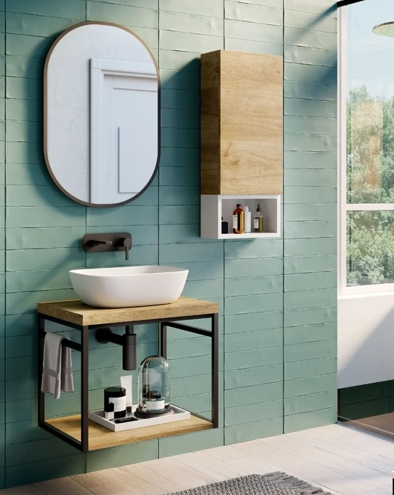 Kirt Mueble de Baño Suspendido Diseño Industrial | Mueble Baño Volado de Encimera | Estructura Negra Cajón Inferior | Roble Natural