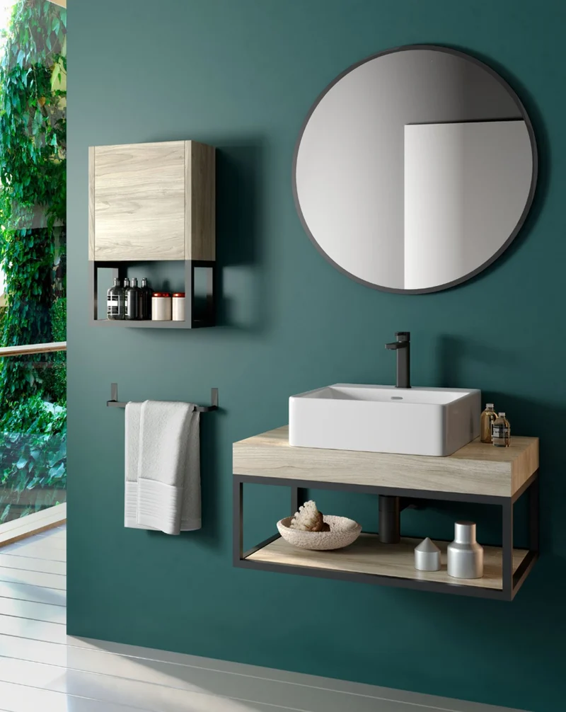 Spok Mueble de Baño Suspendido Diseño Industrial | Mueble Baño Volado de Encimera | Estructura Negra | Pino Gris