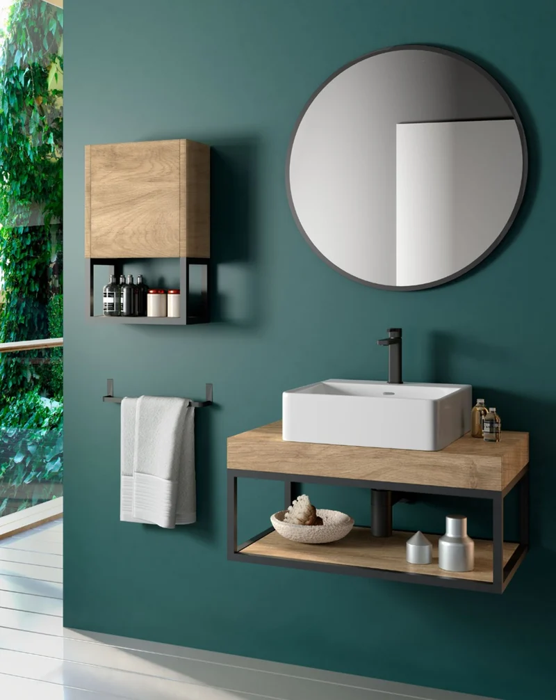 Spok Mueble de Baño Suspendido Diseño Industrial | Mueble Baño Volado de Encimera | Estructura Negra | Roble Natural