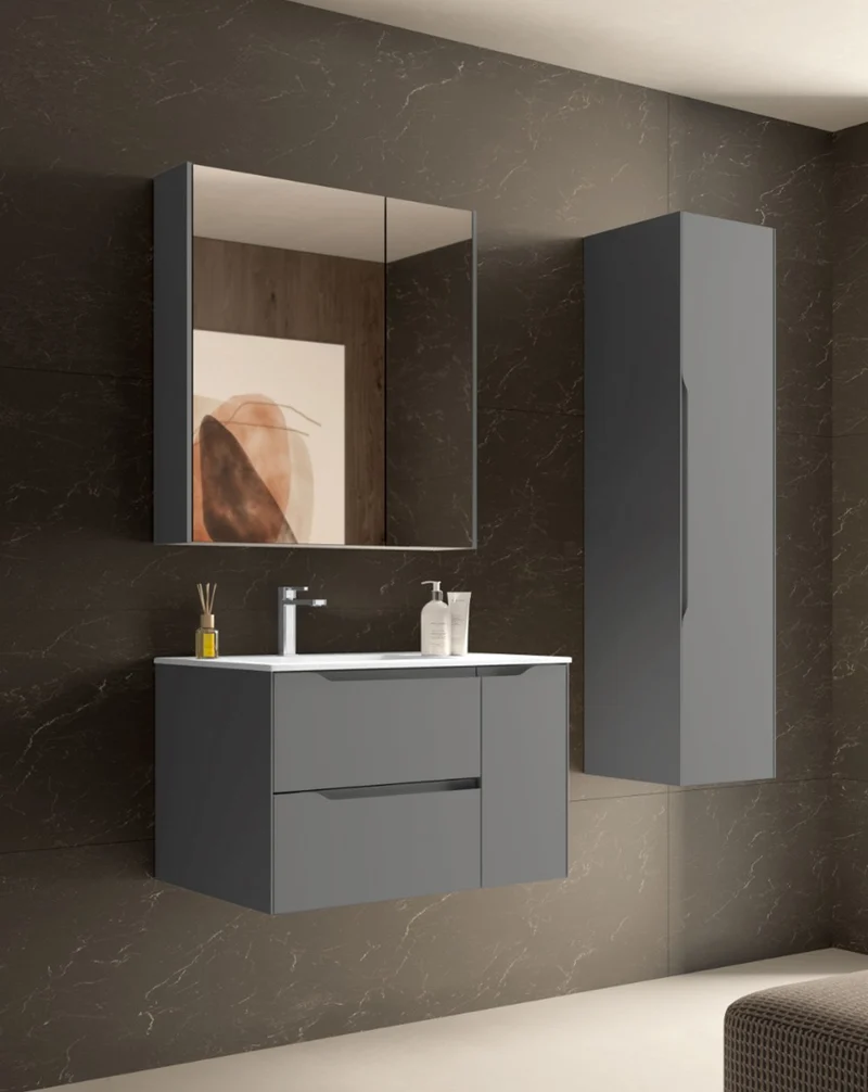 Cenit Mueble de Baño Suspendido con Lavabo Cerámico | 2 cajones y Puerta Lateral | Guías Hettich | Mist Mate