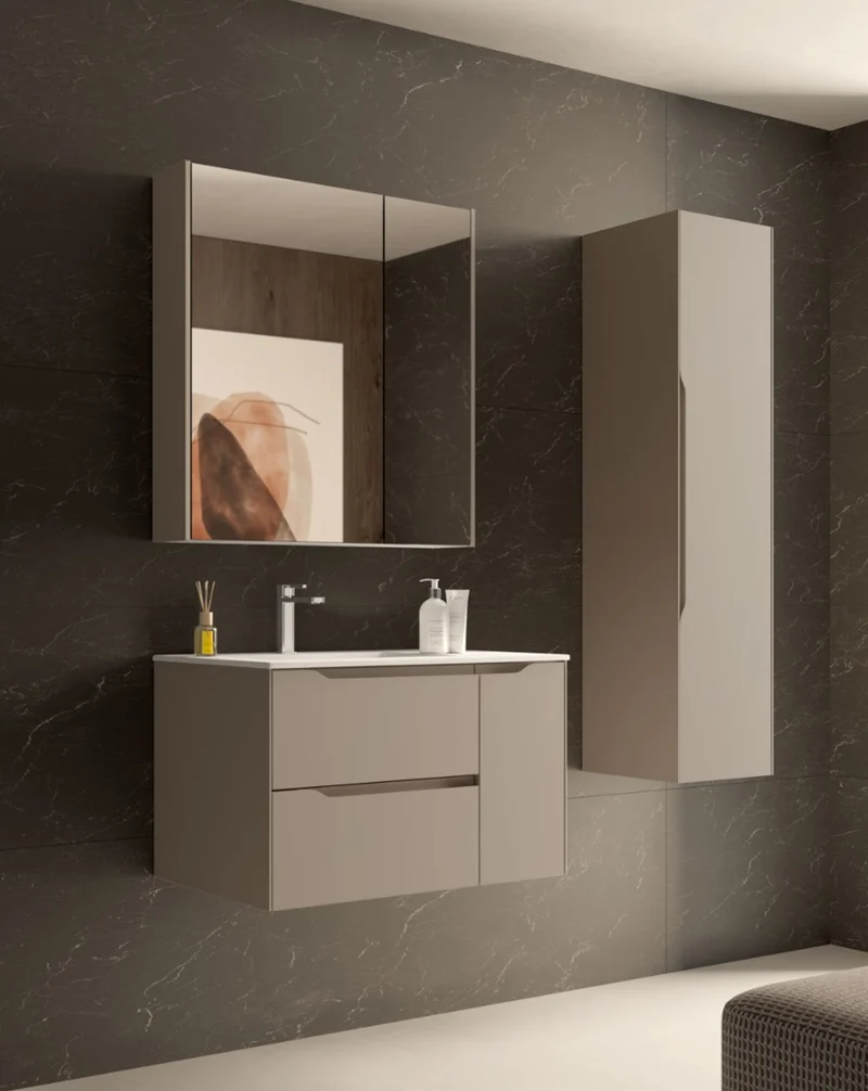 Cenit Mueble de Baño Suspendido con Lavabo Cerámico | 2 cajones y Puerta Lateral | Guías Grass | Moka Mate