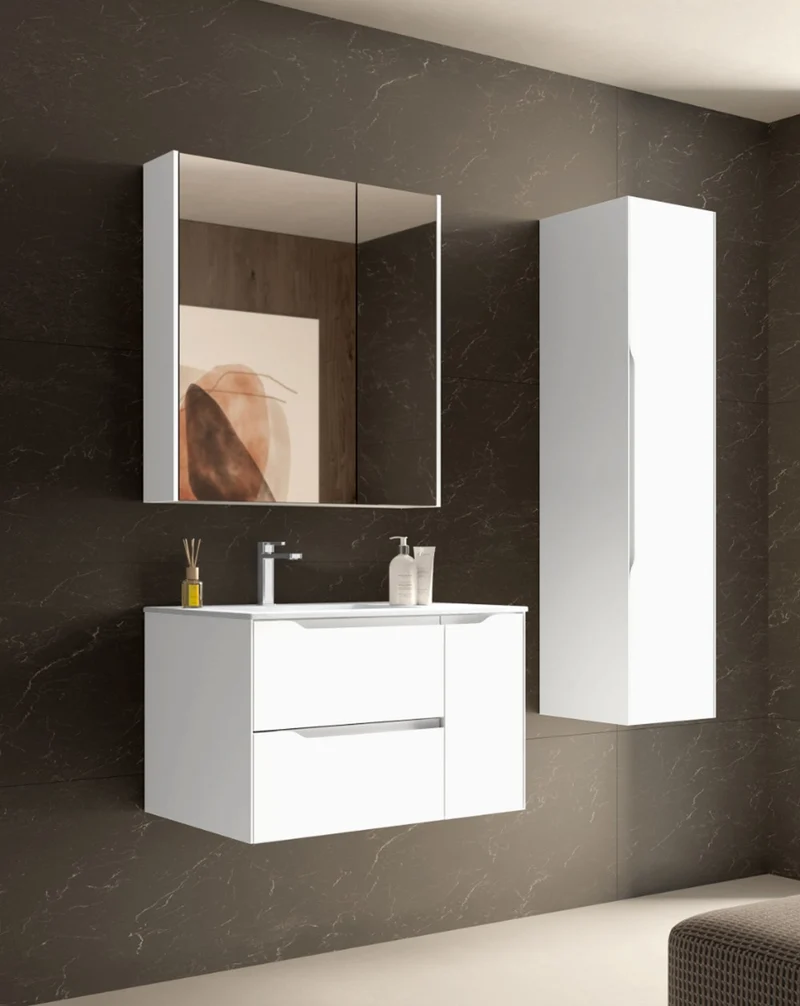 Cenit Mueble de Baño Suspendido con Lavabo Cerámico | 2 cajones y Puerta Lateral | Guías Hettich | Blanco Mate