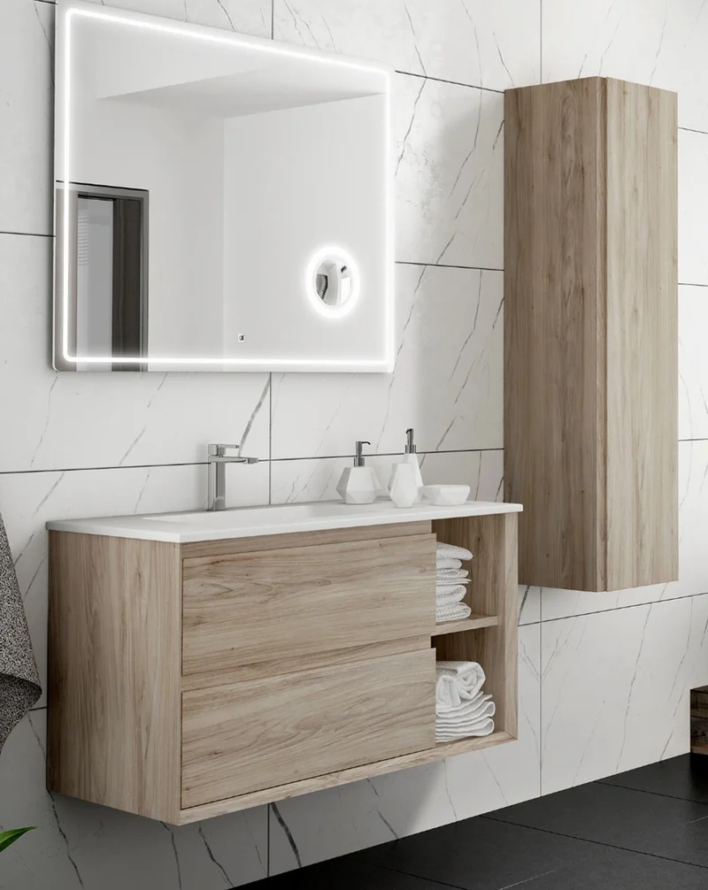 Hole Mueble de Baño Suspendido con Lavabo Cerámico | 2 cajones | 2 Huecos Laterales de Almacenamiento| Guías Hettich | Pino Gris