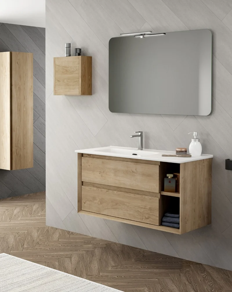 Hole Mueble de Baño Suspendido con Lavabo Cerámico | 2 cajones | 2 Huecos Laterales de Almacenamiento| Guías Hettich | Roble Natural