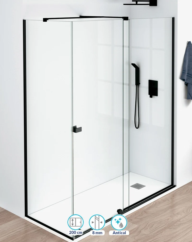 Málaga Mampara de Ducha Rectangular Frontal Corredera | 1 Puerta 1 Fijo | Vidrio 8mm Antical Altura 200cm | Negro Mate