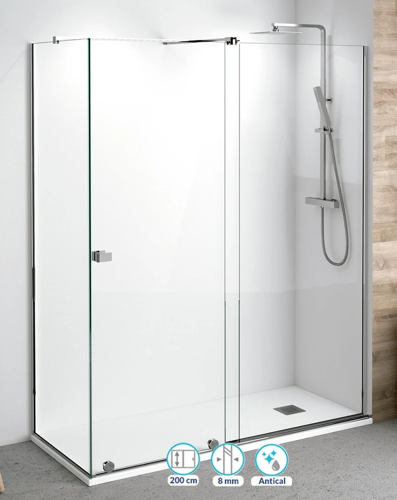 Málaga Mampara de Ducha Rectangular Frontal Corredera | 1 Puerta 1 Fijo | Vidrio 8mm Antical Altura 200cm | Cromo Brillo