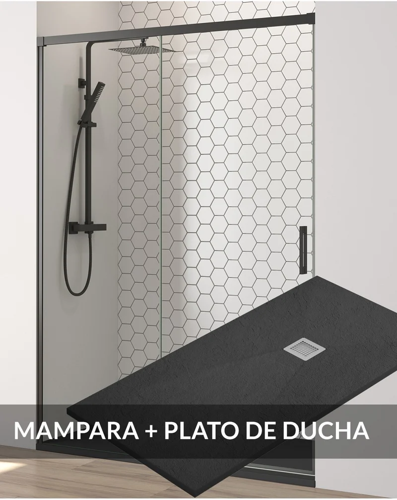 Pack Patricia Mampara de Ducha Frontal 1 Puerta 1 Fijo Corredera con Plato de Ducha Antracita | Vidrio Templado de 6mm