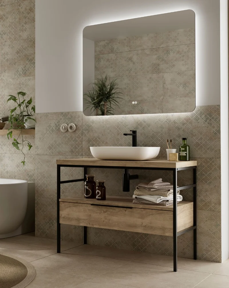 Kirt Mueble Baño al Suelo Diseño Industrial Encimera con Estructura Negra | Roble Natural Con Cajón Inferior