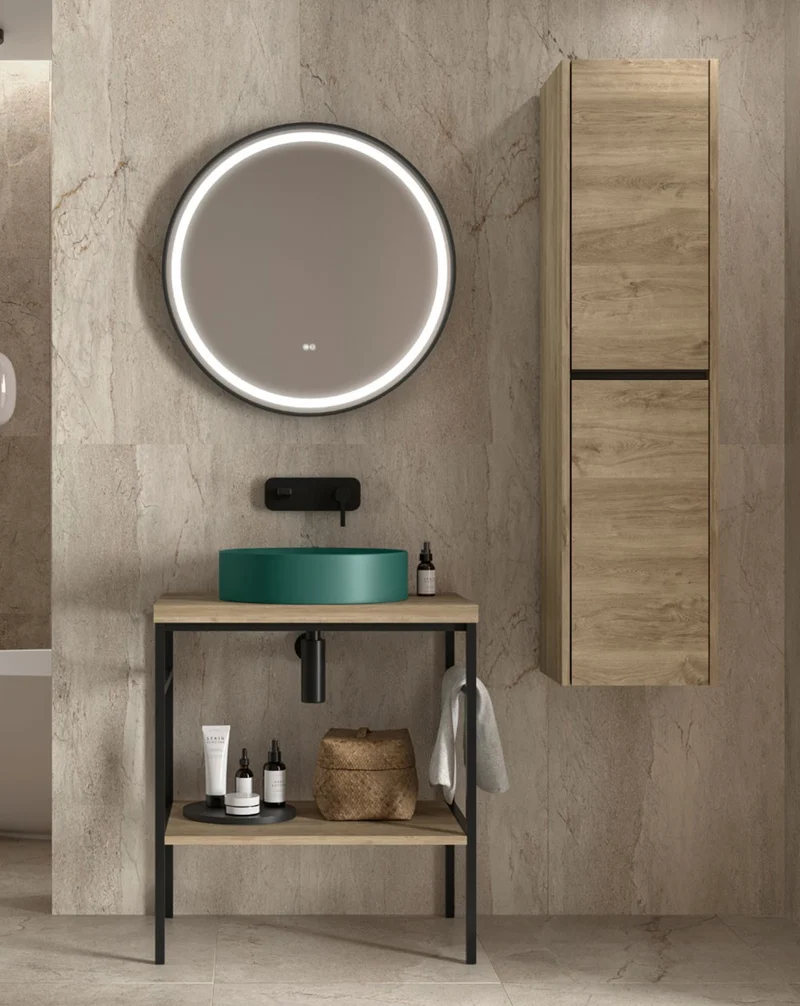 Kirt Mueble Baño al Suelo Diseño Industrial Encimera con Estructura Negra | Roble Natural Sin Cajón Inferior