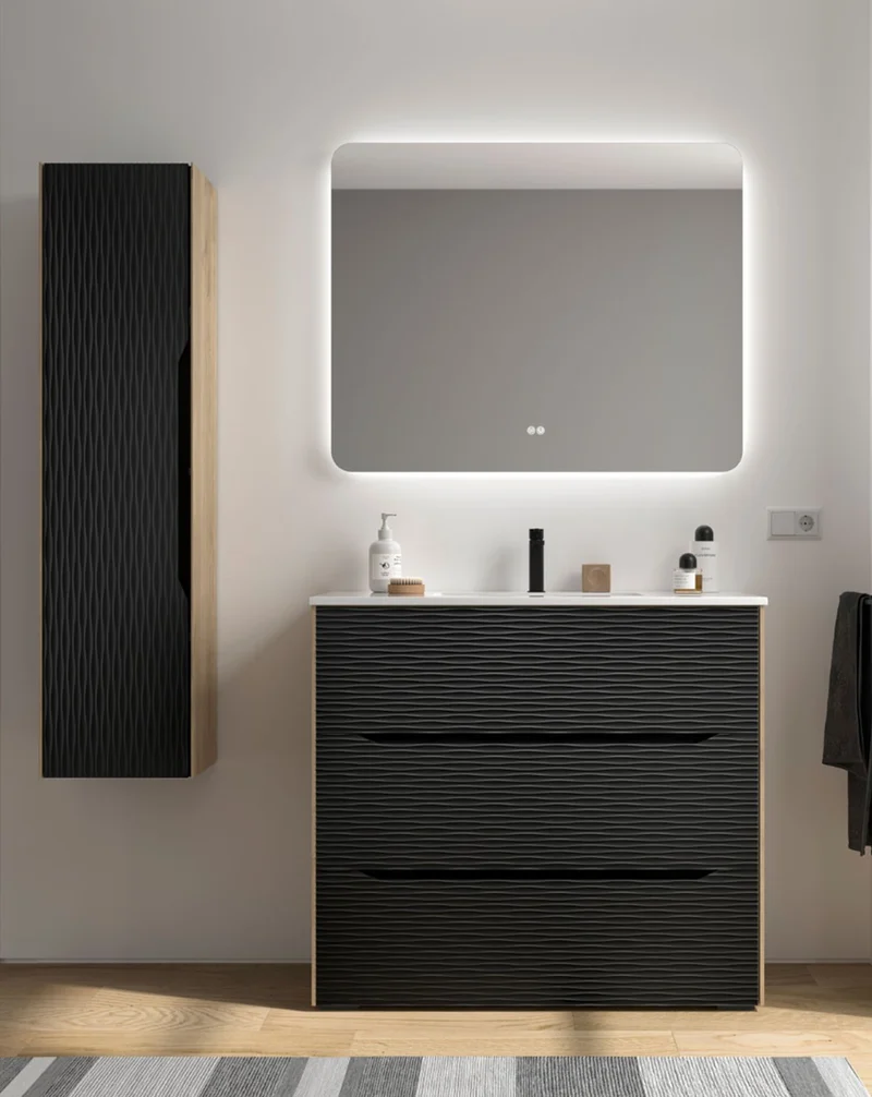 Nubia Mueble de Baño al Suelo con Lavabo Ceramico | 3 cajones Cierre Amortiguado y Organizador | Lavabo Onix | Negro Mate