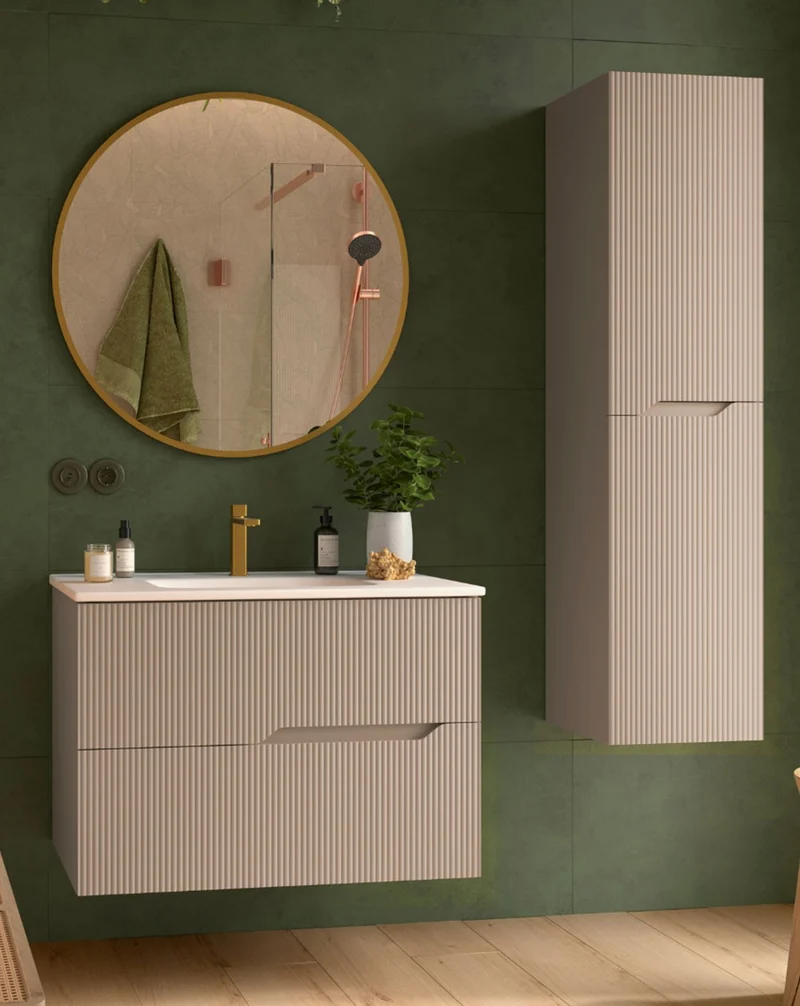 Bamboo Mueble Baño Suspendido con Lavabo Cerámico | 2 cajones con Cierre Amortiguado y Organizador | Moka Mate
