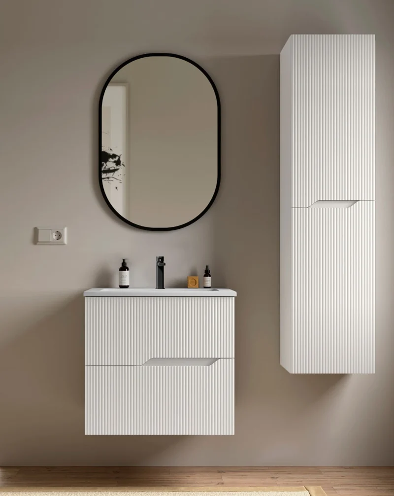 Bamboo Mueble Baño Suspendido con Lavabo Cerámico | 2 cajones con Cierre Amortiguado y Organizador | Blanco Mate