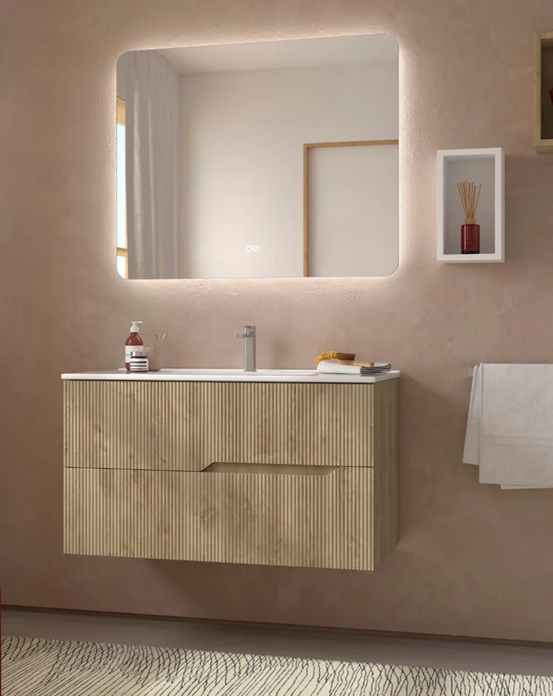 Bamboo Mueble Baño Suspendido con Lavabo Cerámico | 2 cajones con Cierre Amortiguado y Organizador | Roble Natural