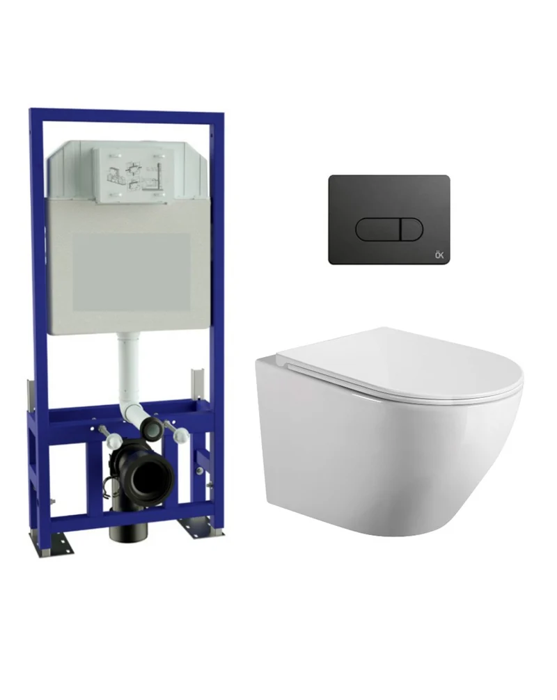 Mercurio Pack Suspendido | Blanco Brillo | Rimless con Cisterna Autoportante y Pulsador | Negro
