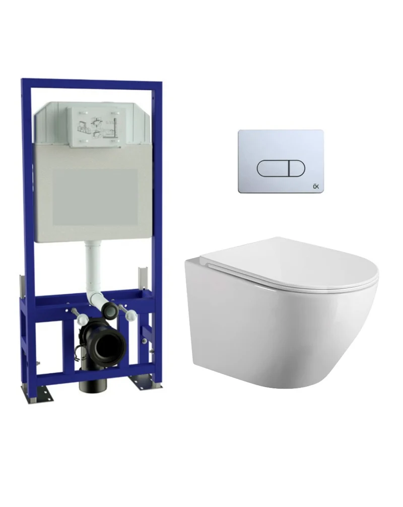 Mercurio Pack Suspendido | Blanco Brillo | Rimless con Cisterna Autoportante y Pulsador | Cromo