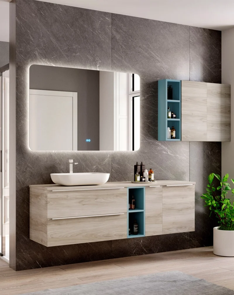 Landes 15 Mueble de Baño Modular Suspendido con Tapa y 1 Lavabo Sobreponer de Resina | Personalizable