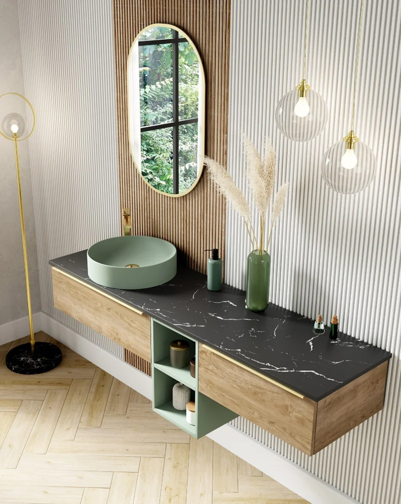 Landes 12 Mueble de Baño Modular Suspendido con Tapa Estilo Marmol Negro y Lavabo Sobre Encimera | Personalizable