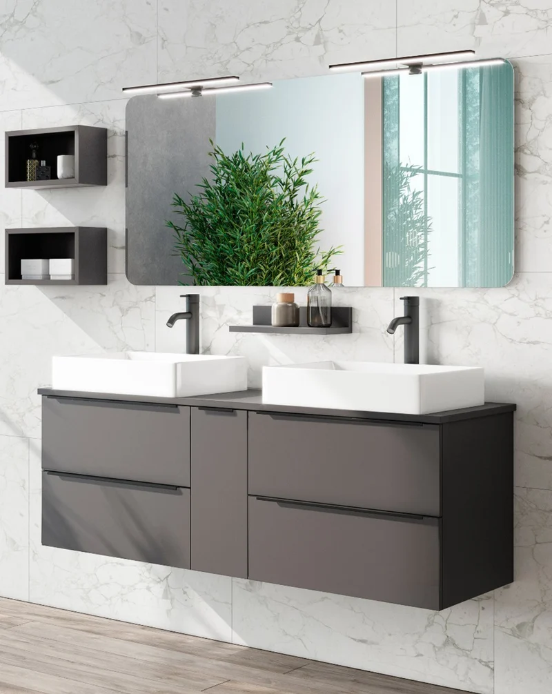Landes 11 Mueble de Baño Modular Suspendido con Tapa y 2 Lavabos Sobreponer Cerámicos | 4 Cajones y 1 Puerta | Personalizable