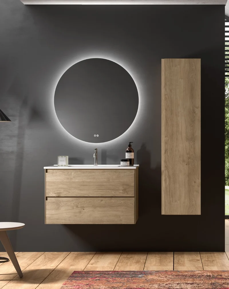 Praga Mueble de Baño Suspendido con Lavabo Cerámico | Mueble Baño Volado de 2 cajones | Roble Natural