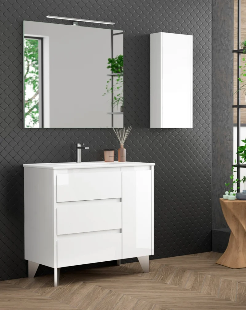 Cervino Mueble de Baño al Suelo con Lavabo Cerámico | 3 cajones y 1 Puerta con Cierre Amortiguado | Blanco Brillo