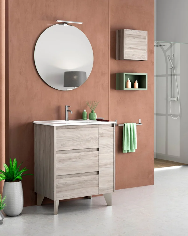 Cervino Mueble de Baño al Suelo con Lavabo Cerámico | 3 cajones y 1 Puerta con Cierre Amortiguado | Pino Gris