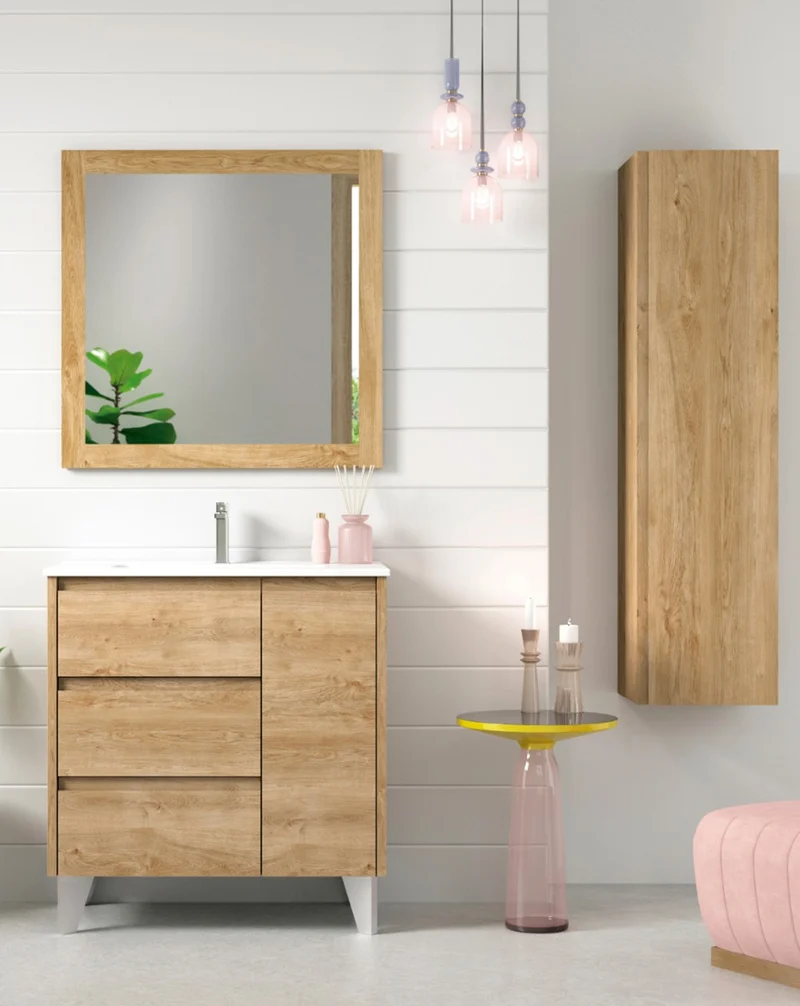 Cervino Mueble de Baño al Suelo con Lavabo Cerámico | 3 cajones y 1 Puerta con Cierre Amortiguado | Roble Natural