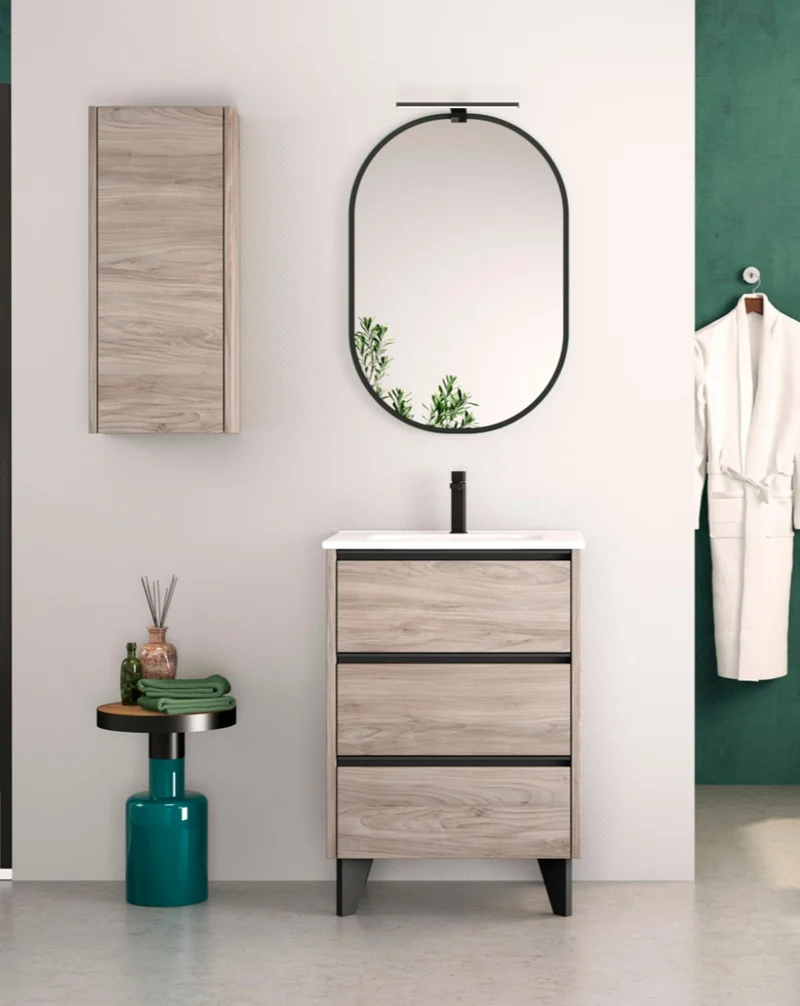 Escorpio Mueble de Baño al Suelo con Lavabo Cerámico | 3 Cajones con Cierre Amortiguado y Organizador | Pino Gris