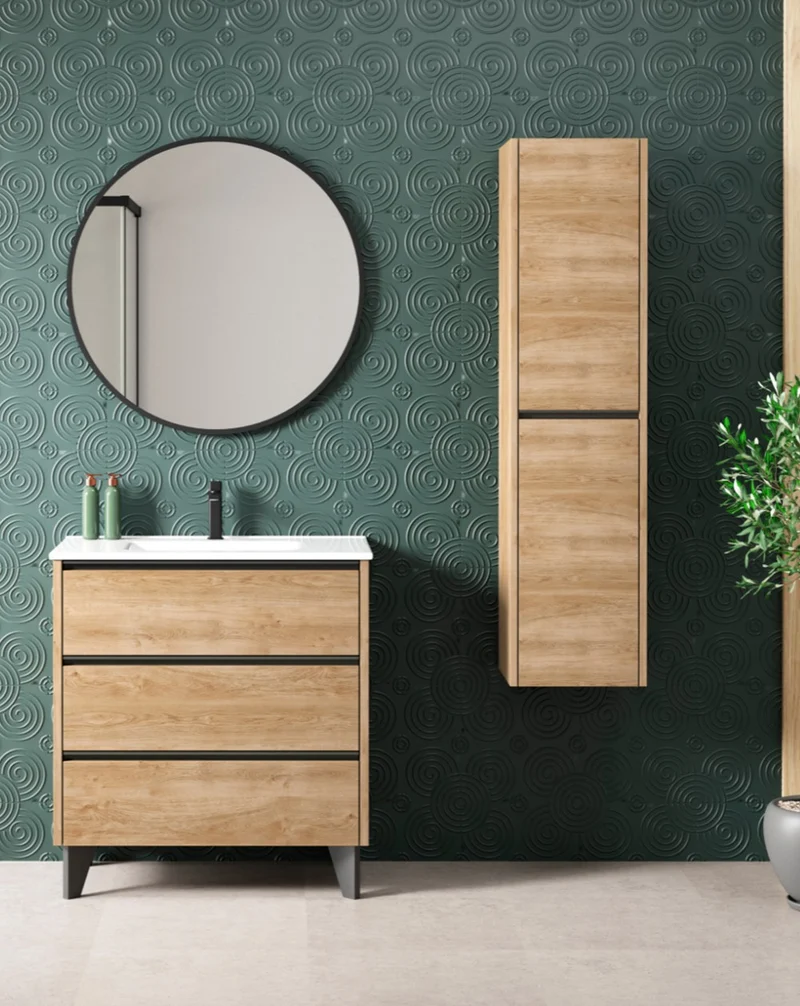 Escorpio Mueble de Baño al Suelo con Lavabo Cerámico | 3 Cajones con Cierre Amortiguado y Organizador | Roble Natural