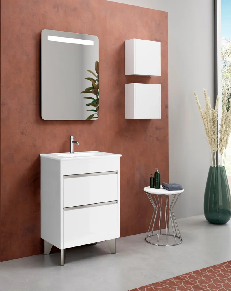 Berna Mueble de Baño al Suelo con Lavabo Cerámico de Fondo Reducido | 2 Cajones con Cierre Amortiguado y Organizador | Blanco Brillo