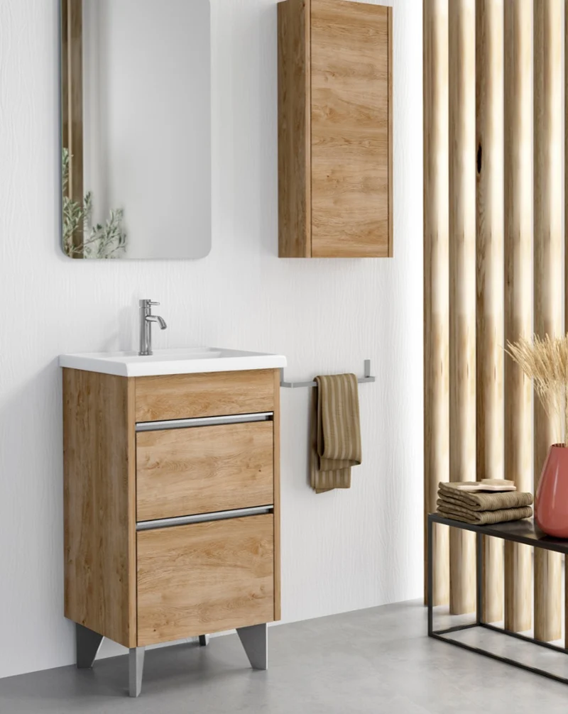 Berna Mueble de Baño al Suelo con Lavabo Cerámico de Fondo Reducido | 2 Cajones con Cierre Amortiguado y Organizador | Roble Natural