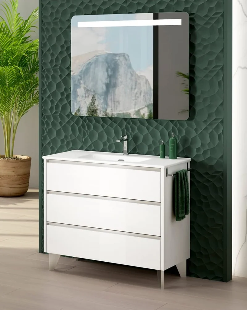 Siena Mueble de Baño al Suelo con Lavabo Cerámico de Fondo Reducido | Guías Hettich | Blanco Brillo