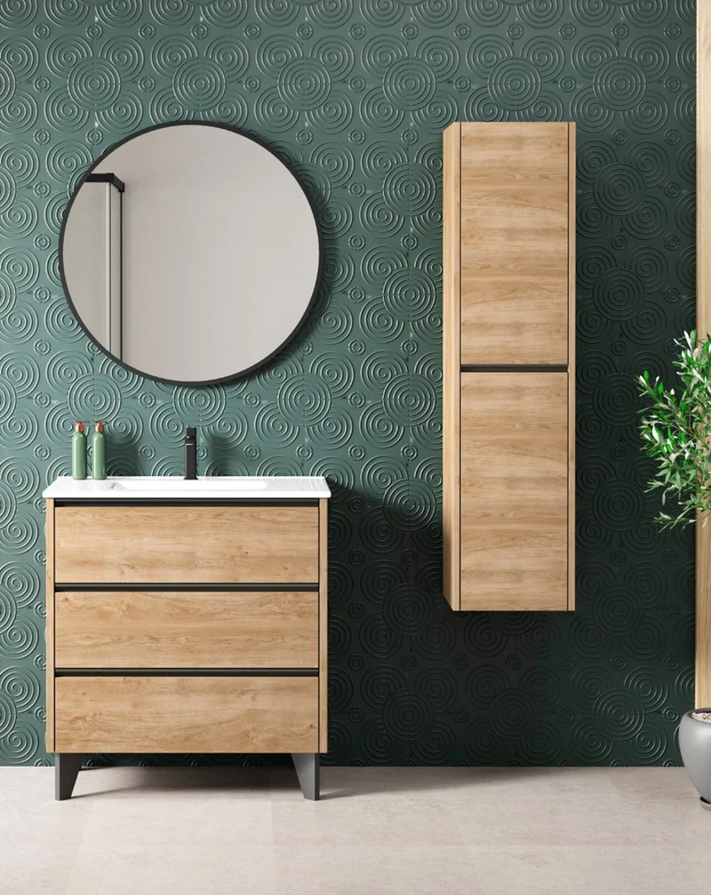 Siena Mueble de Baño al Suelo con Lavabo Cerámico de Fondo Reducido | Guías Hettich | Roble Natural