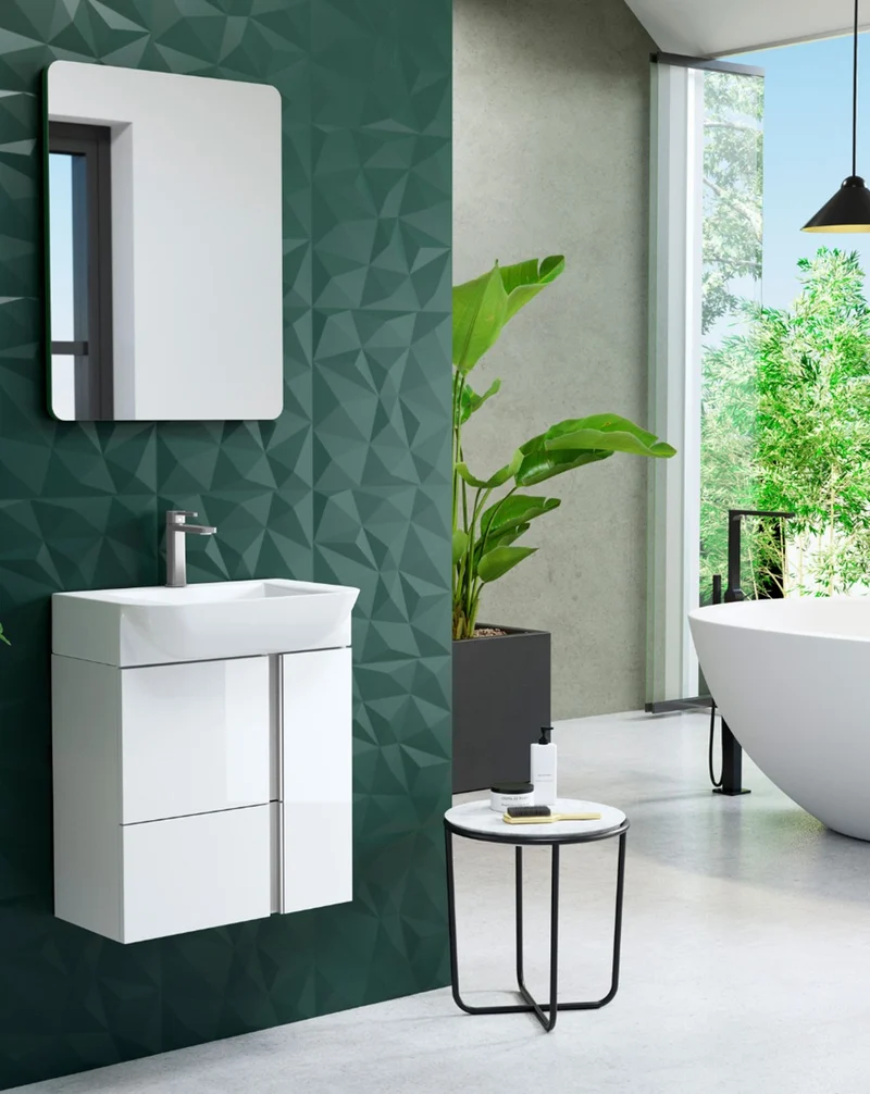 Versa 55 Mueble de Baño Suspendido a Pared Fondo Reducido | 1 cajón 2 Puertas con Lavabo Cerámico | 55cm | Blanco Brillo