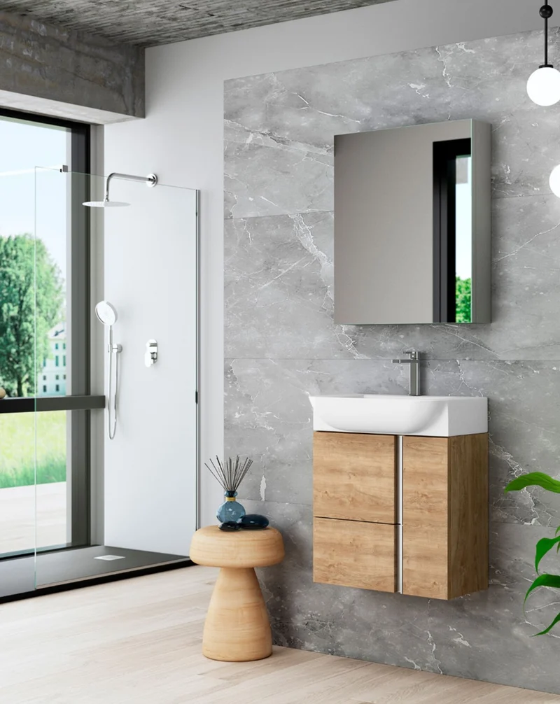 Versa 55 Mueble de Baño Suspendido a Pared Fondo Reducido | 1 cajón 2 Puertas con Lavabo Cerámico | 55cm | Roble Natural