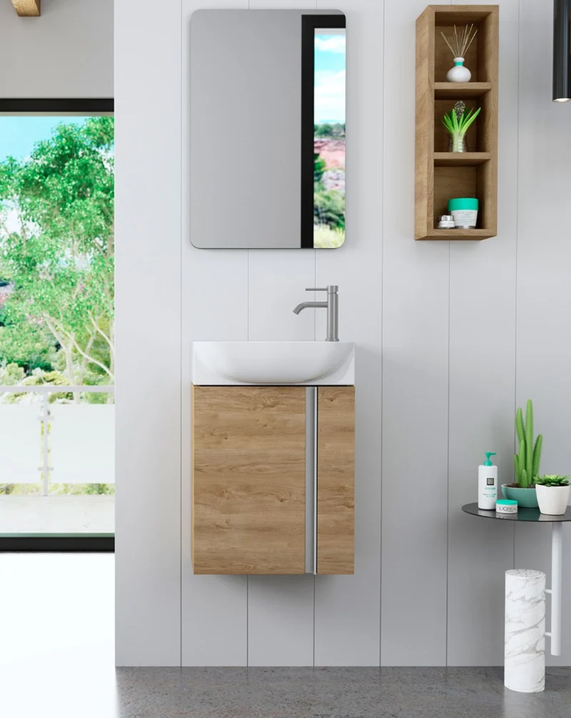 Versa 45 Mueble de Baño Suspendido a Pared Fondo Reducido | Mueble Aseo Volado Pequeño de 1 Puerta y Lavabo Cerámico | 45cm | Roble Natural